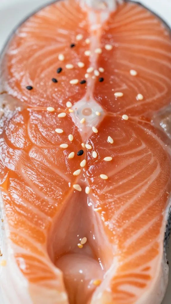 Closeup on salmon’s lacquered top with subtle sesame blur