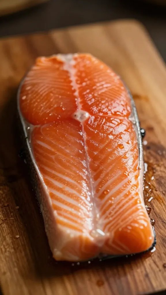 Focused shot of single salmon fillet in warm light