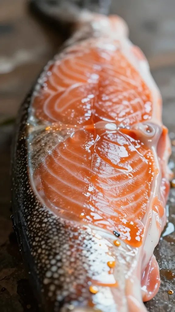 Tight portrait of salmon with glossy glaze, shallow depth of field
