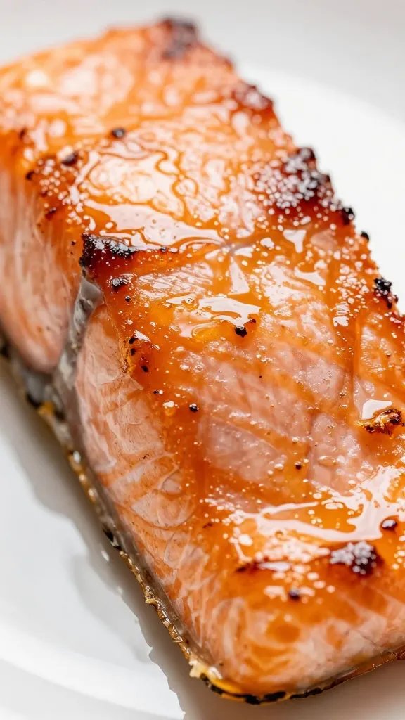 closeup of maple-glazed salmon fillet with crisp glaze