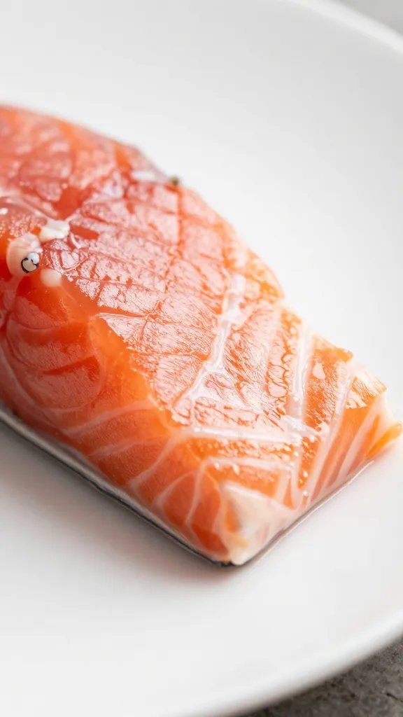 macro shot of glossy salmon crust closeup on white plate