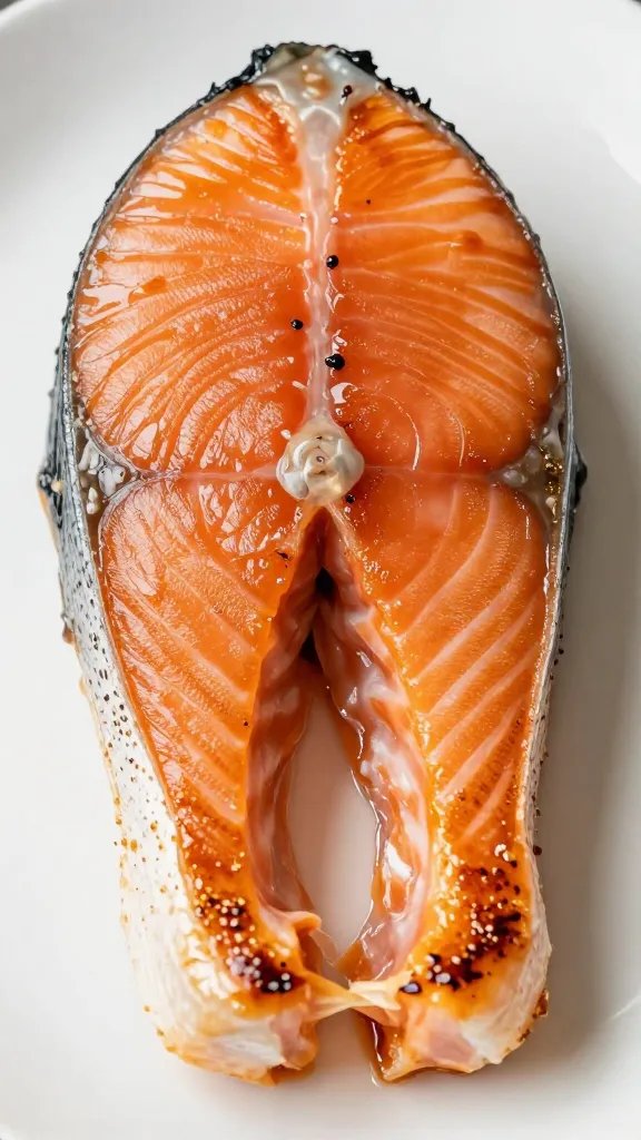 single salmon half-fillet with caramelized edge closeup