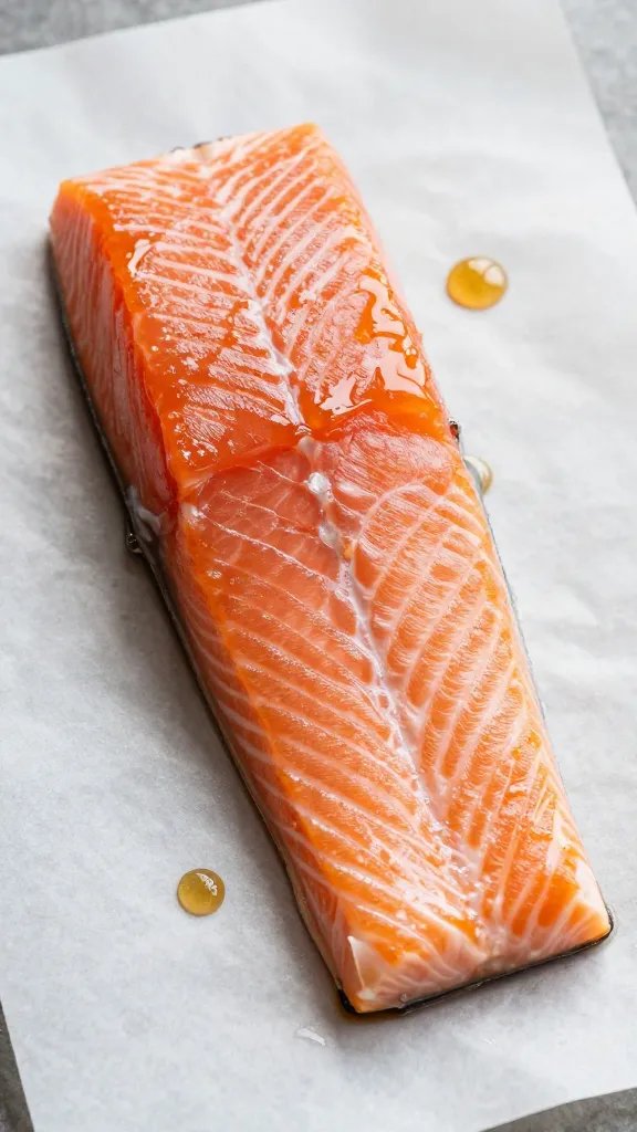 single salmon fillet on parchment with glaze droplets