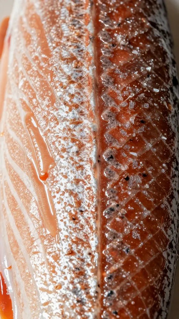 closeup of salmon skin crisp texture with glaze shine