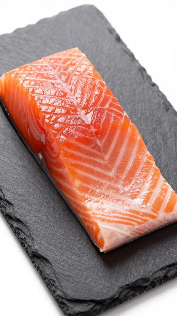 single glazed salmon slice on dark slate plate