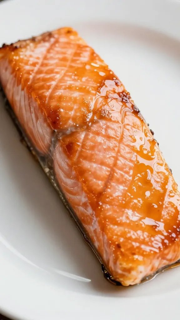 Closeup of glossy honey-glazed salmon fillet on white plate
