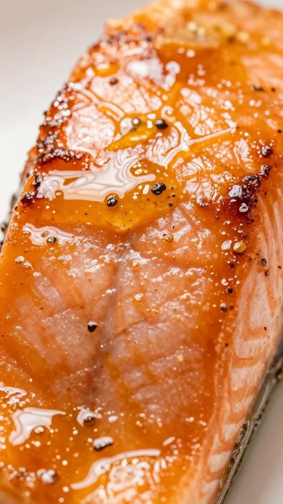 Closeup of caramelized honey glaze on salmon surface
