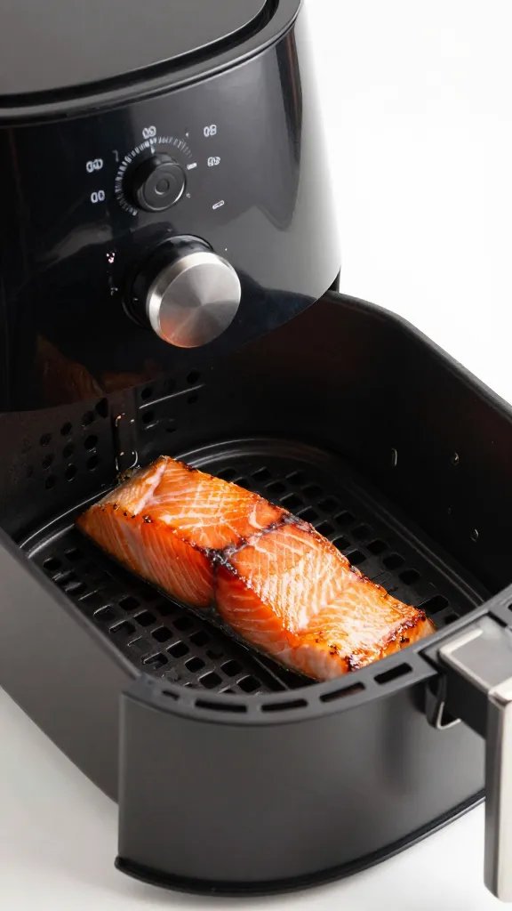 Side profile of air fryer basket with single glazed salmon fillet
