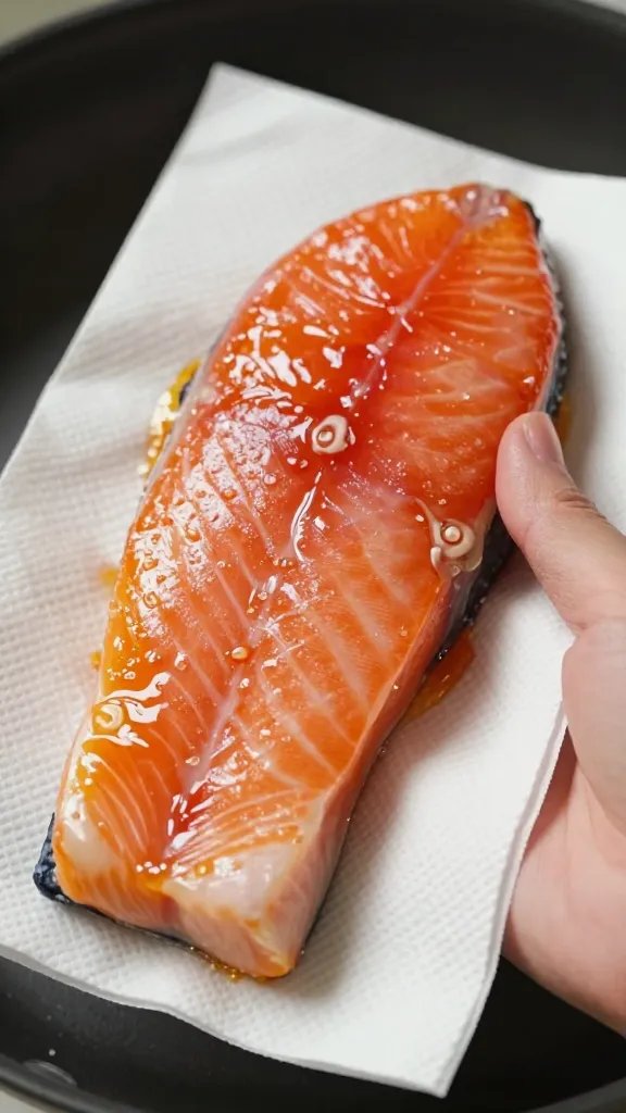 Patting-dry salmon with paper towel closeup before glazing