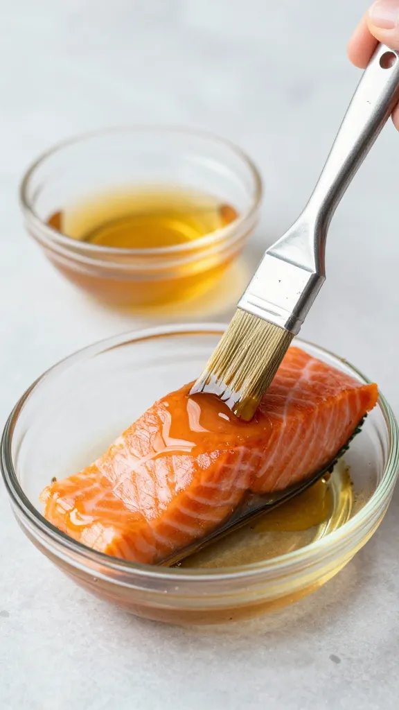 Honey glaze in small glass dish with brush ready for salmon