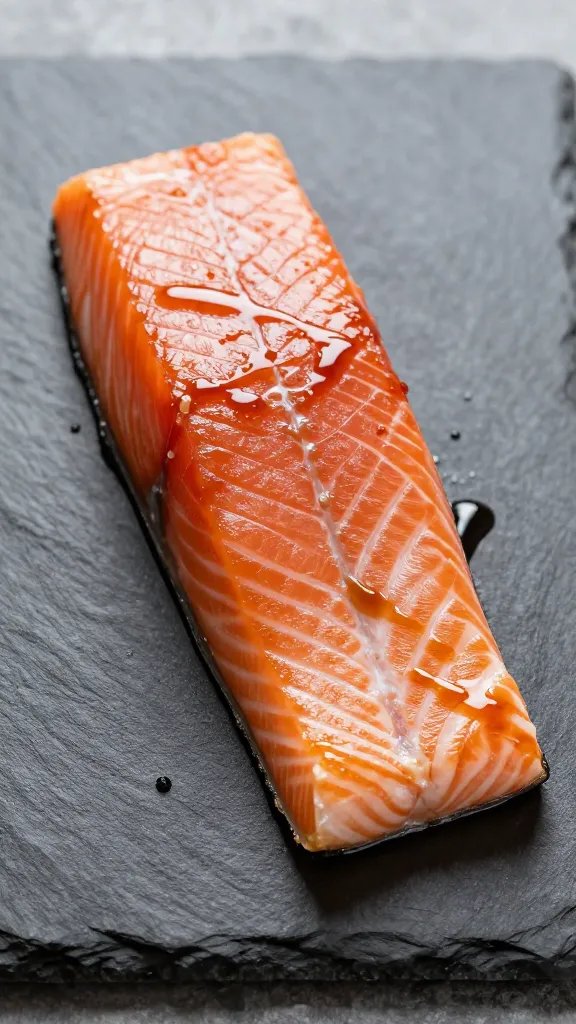 Single salmon fillet on slate board with drizzle of glaze