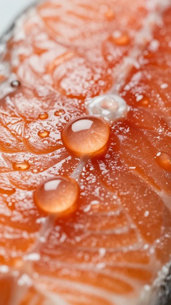 Glossy glaze droplets on salmon skin closeup