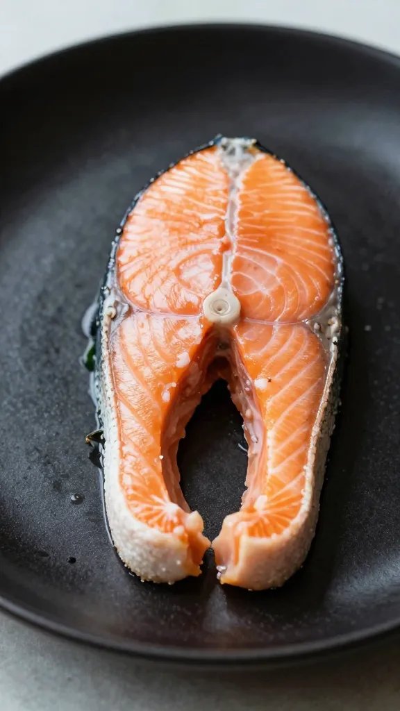 Plated salmon with minimal garnish on dark plate, sharp focus
