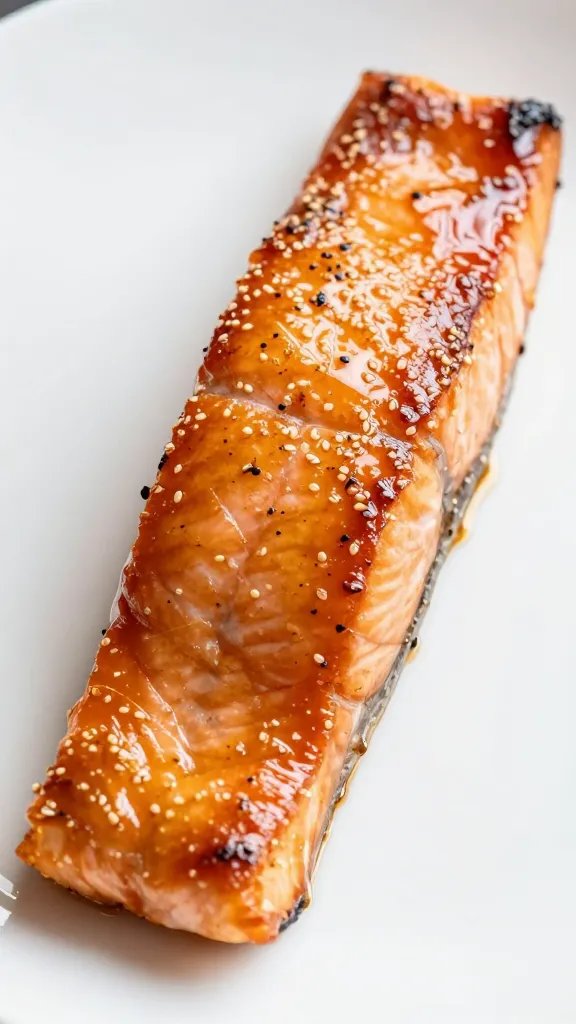 closeup of glazed teriyaki salmon fillet on white plate