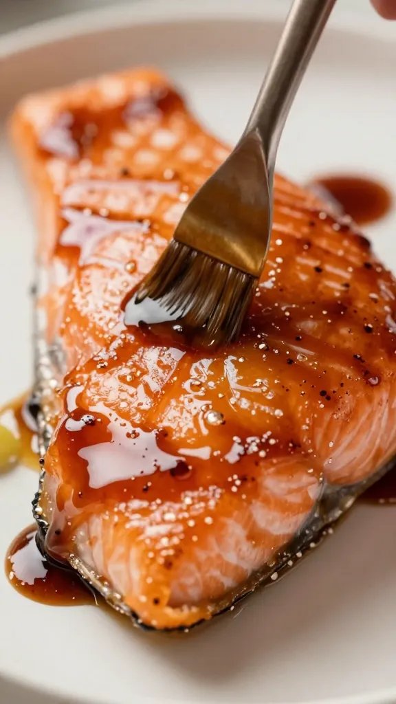 glossy teriyaki glaze brushing onto salmon fillet