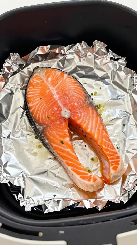 single salmon fillet on foil lined air fryer basket