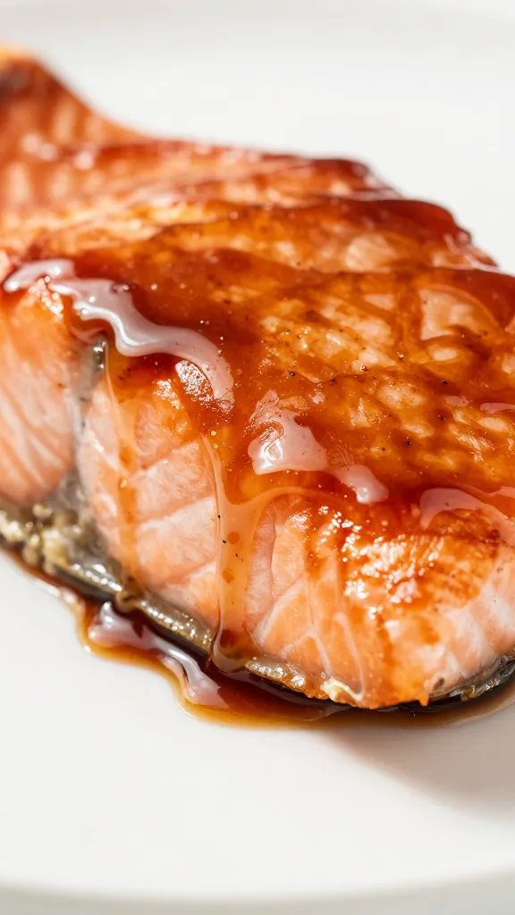 glossy teriyaki glaze dripping from salmon edge