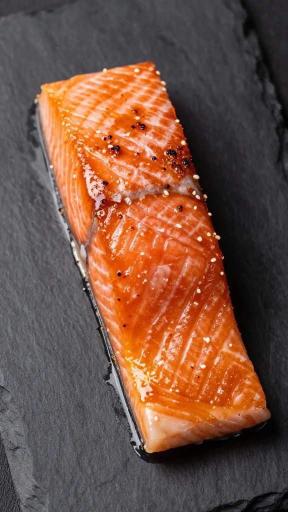 plated salmon with crisp glaze on dark slate