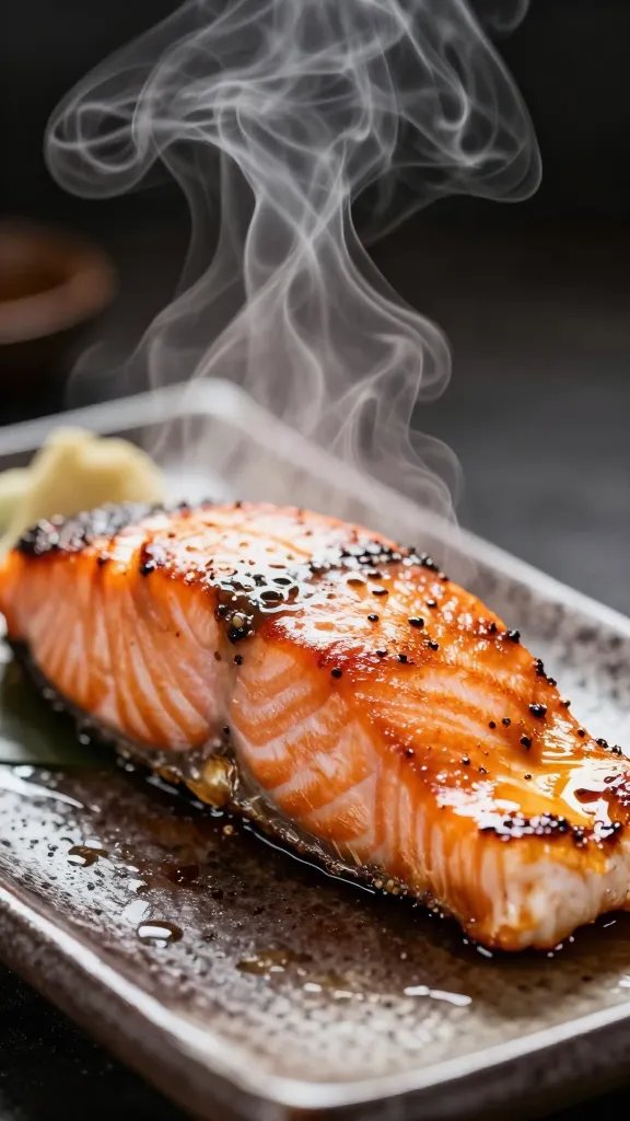 steam rising from hot teriyaki salmon closeup