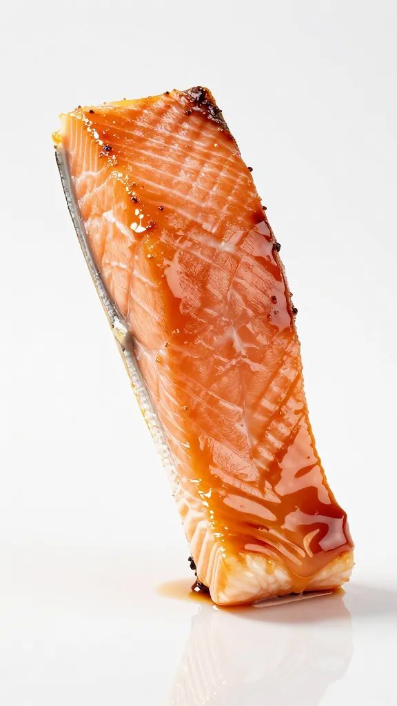 single salmon slice with caramelized glaze reflection