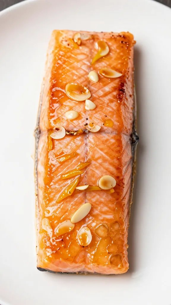 Closeup of glazed honey garlic salmon fillet on white plate