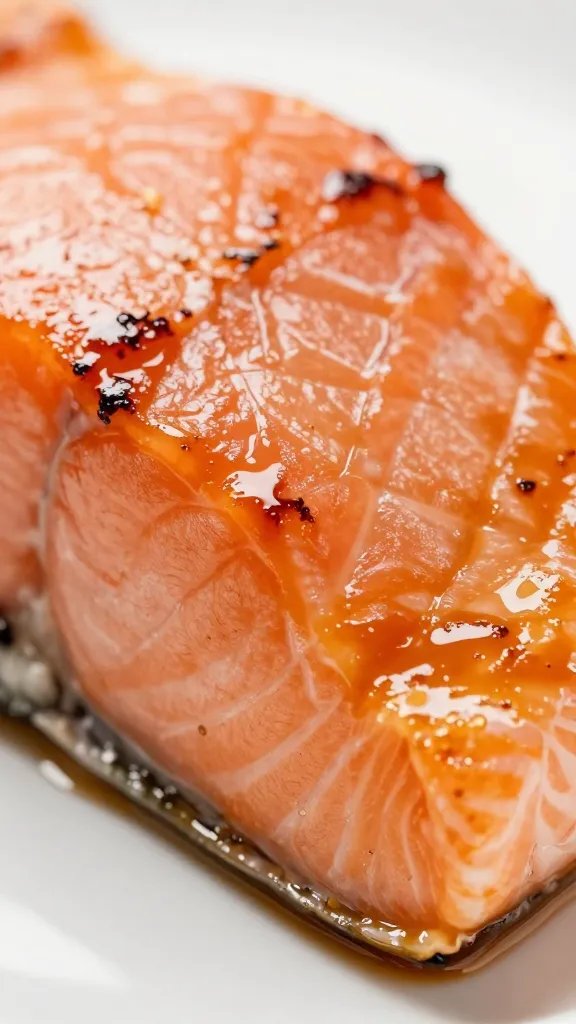 Side-angle closeup of glossy salmon with caramelized glaze