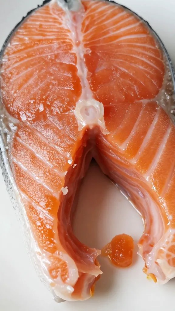 Closeup of flaky salmon center showing juicy interior