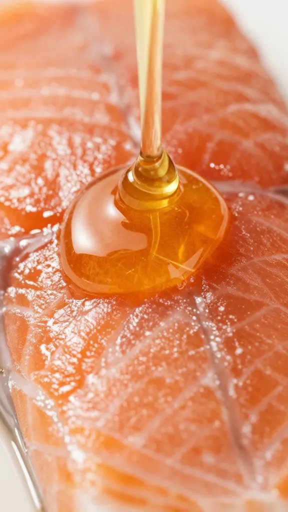 Closeup of honey glaze drip on salmon surface