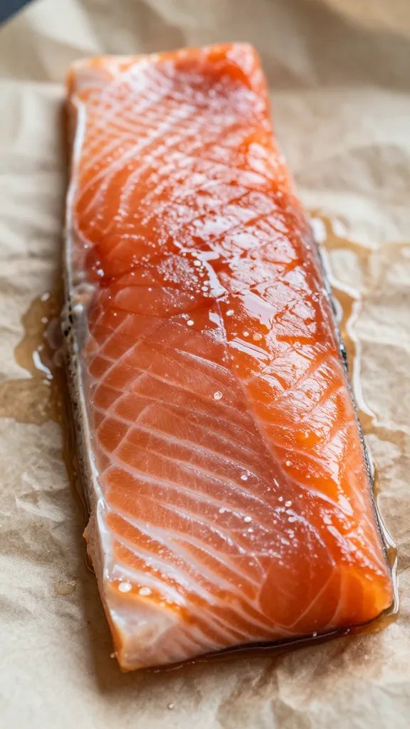 Closeup of salmon resting on parchment with glaze sheen