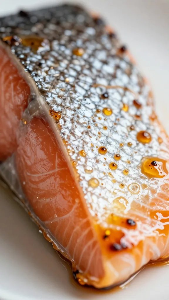 Macro shot of salmon skin with caramelized edges