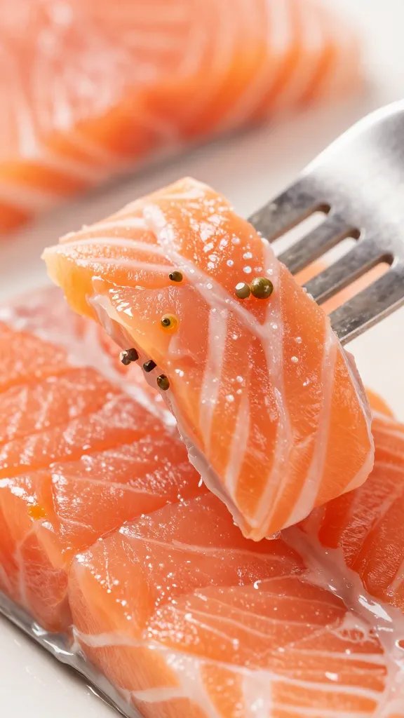 Closeup of fork shredding tender salmon flake