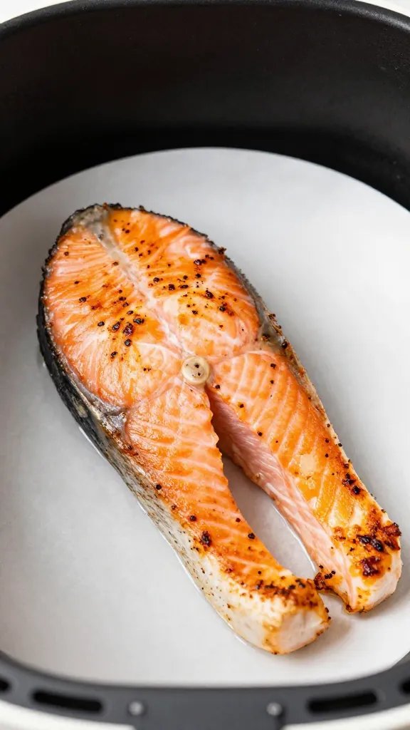 Closeup of air fryer-cooked salmon platered solo