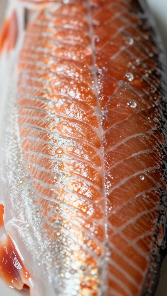 Closeup of light reflecting off glossy salmon surface