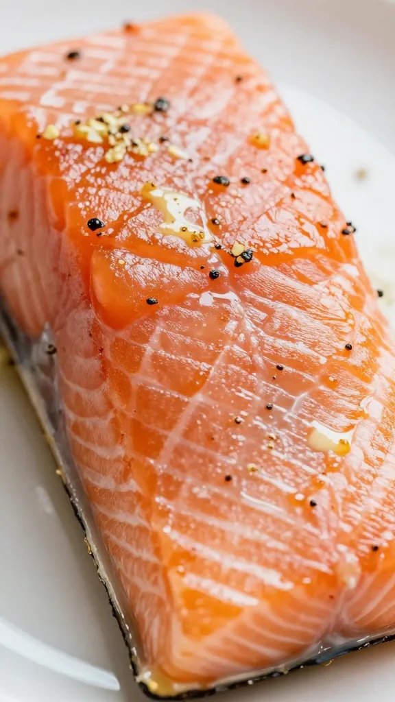 closeup of crisp-edged salmon fillet with garlicky butter glaze