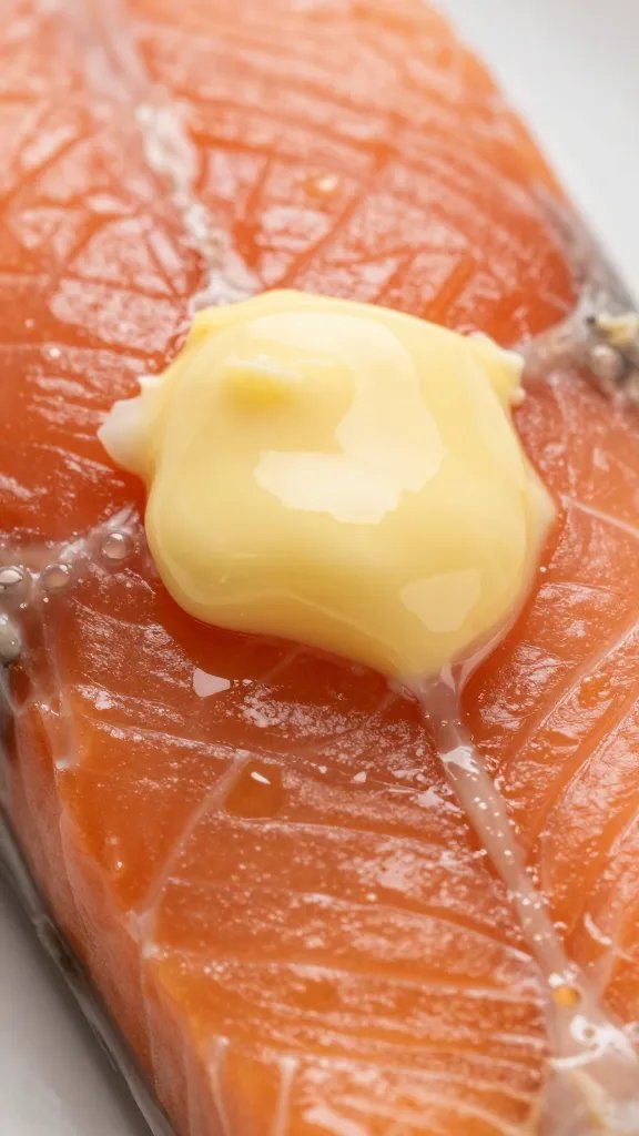 macro shot of glossy garlic butter pooling on salmon surface