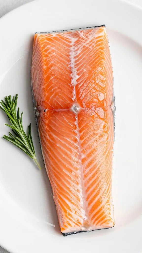 single salmon fillet on white plate with herb garnish