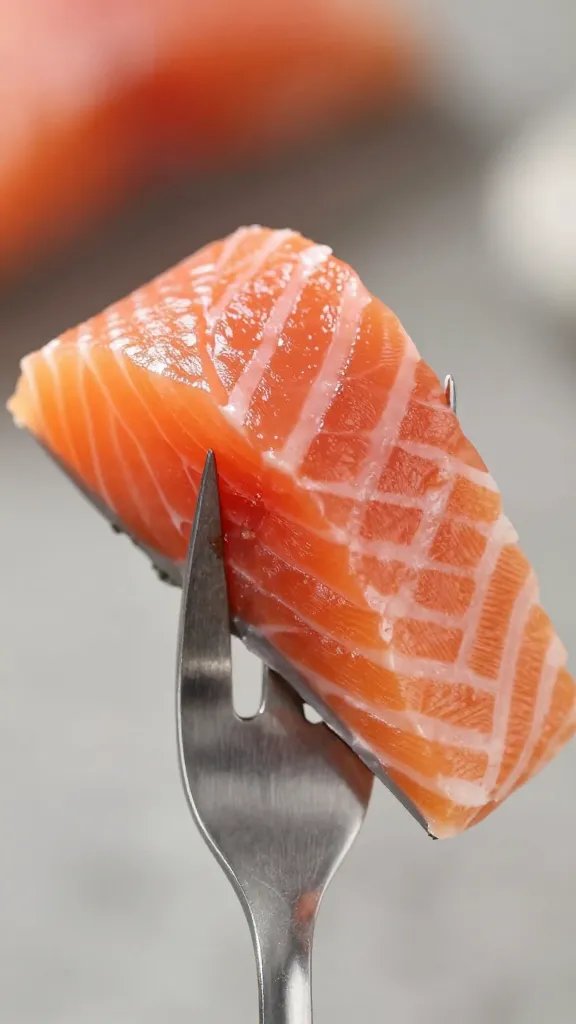 closeup of fork lifting tender salmon flakes