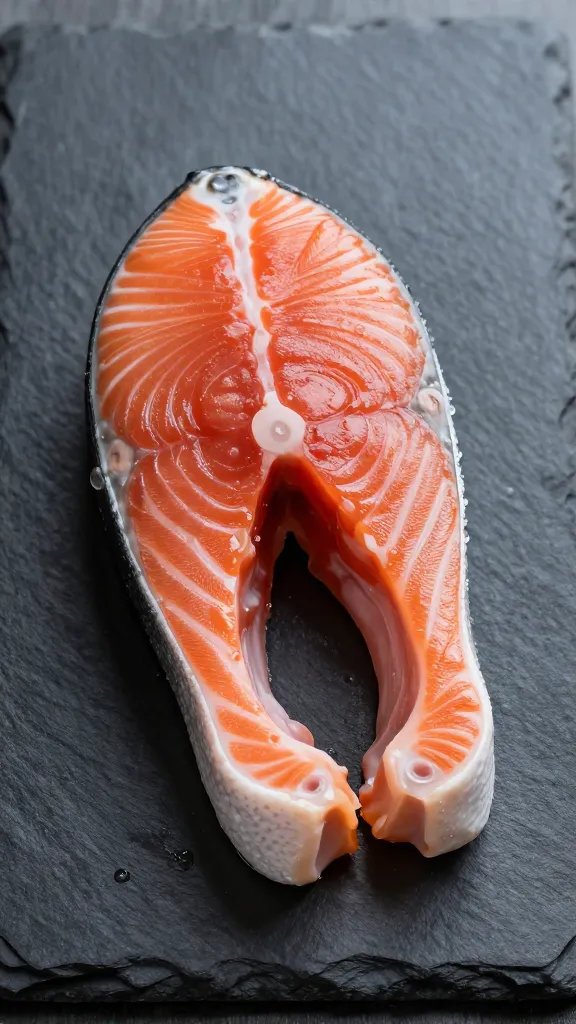 single glazed salmon resting on dark slate board