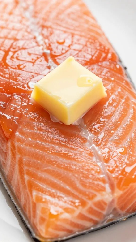 extreme closeup of garlic butter sheen on salmon fillet
