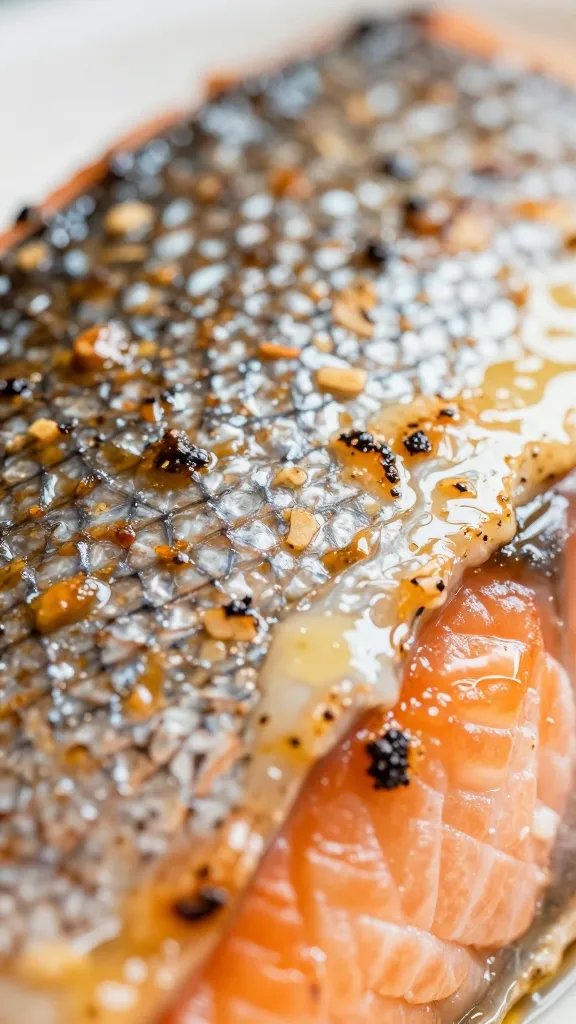 closeup of seared crust detail on salmon skin and butter glaze