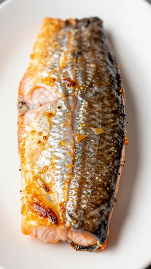 Closeup of crispy salmon belly skin on white plate