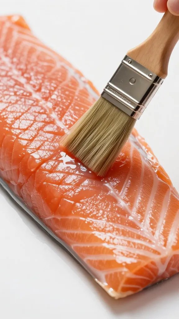 Oil brush gliding over glossy salmon belly fillet