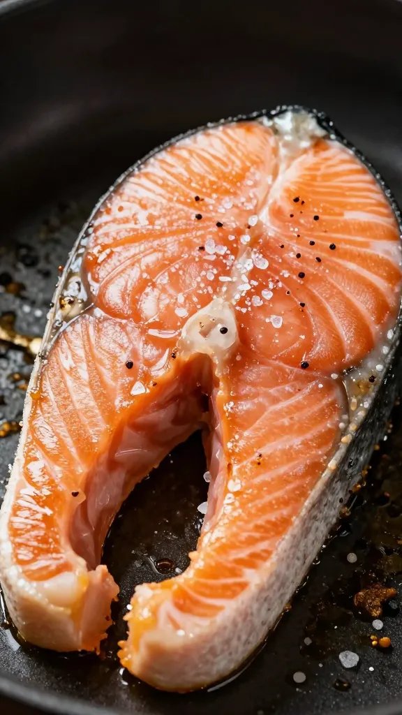 Pinch of salt sprinkled on sizzling salmon belly surface