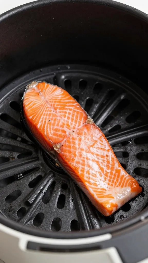 Air fryer basket with single salmon belly piece closeup