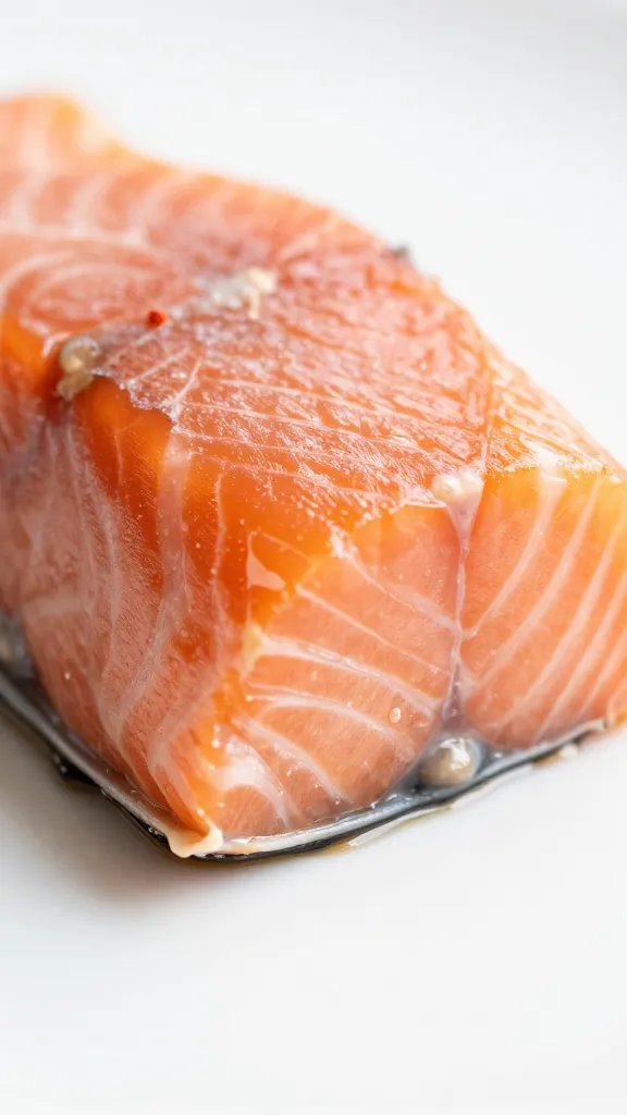 Juicy salmon belly bite with flaky interior closeup