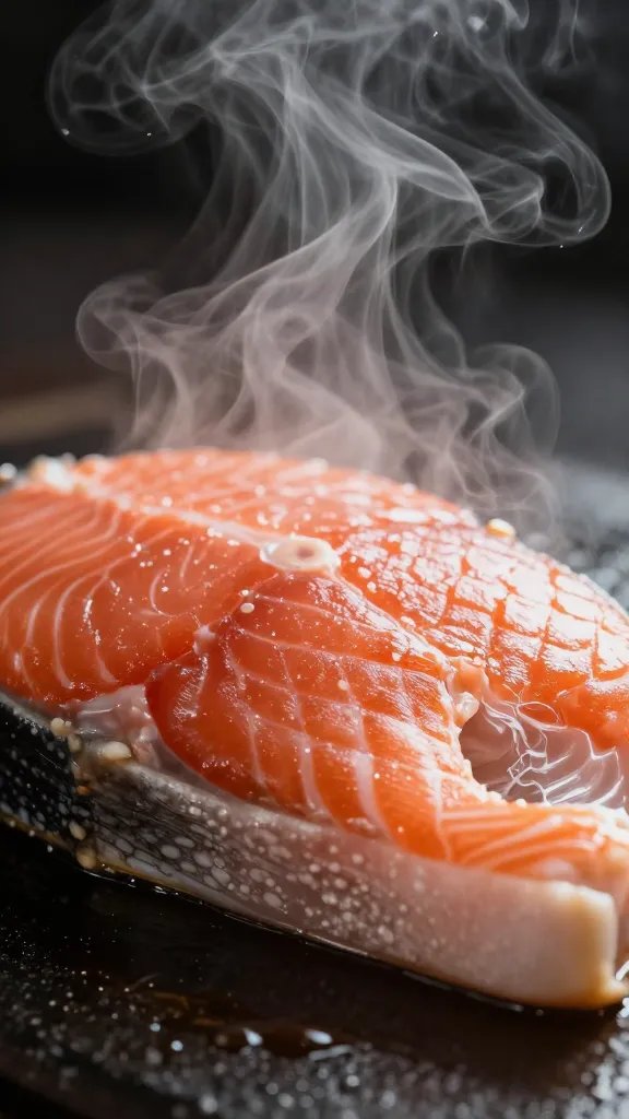 Steam rising from hot salmon belly edge detail