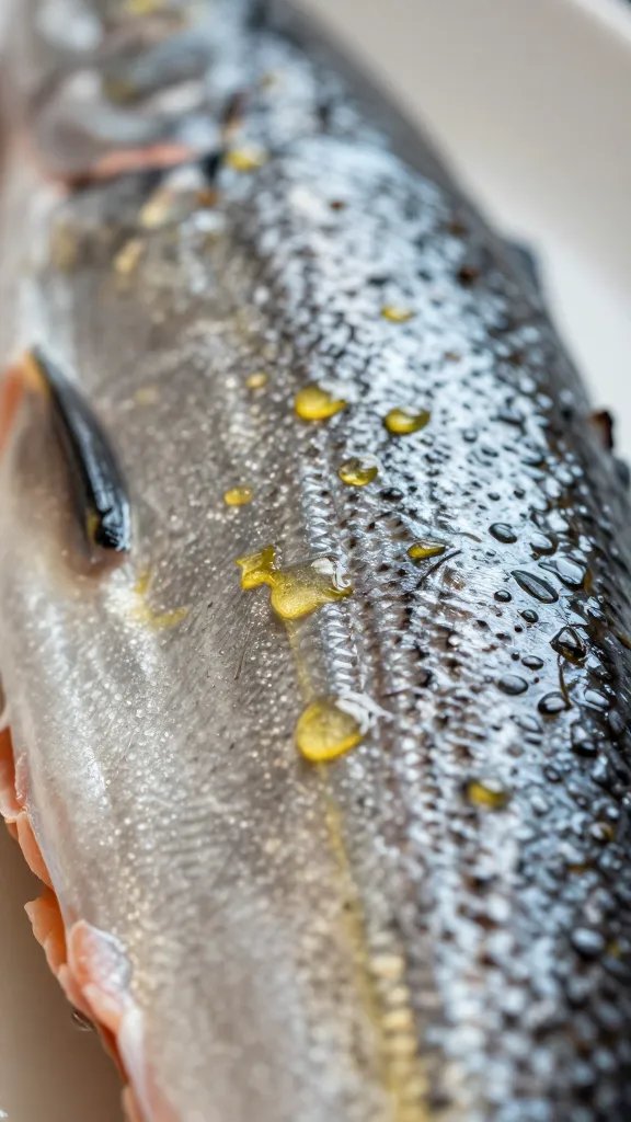 Light drizzle of oil on salmon belly skin macro shot