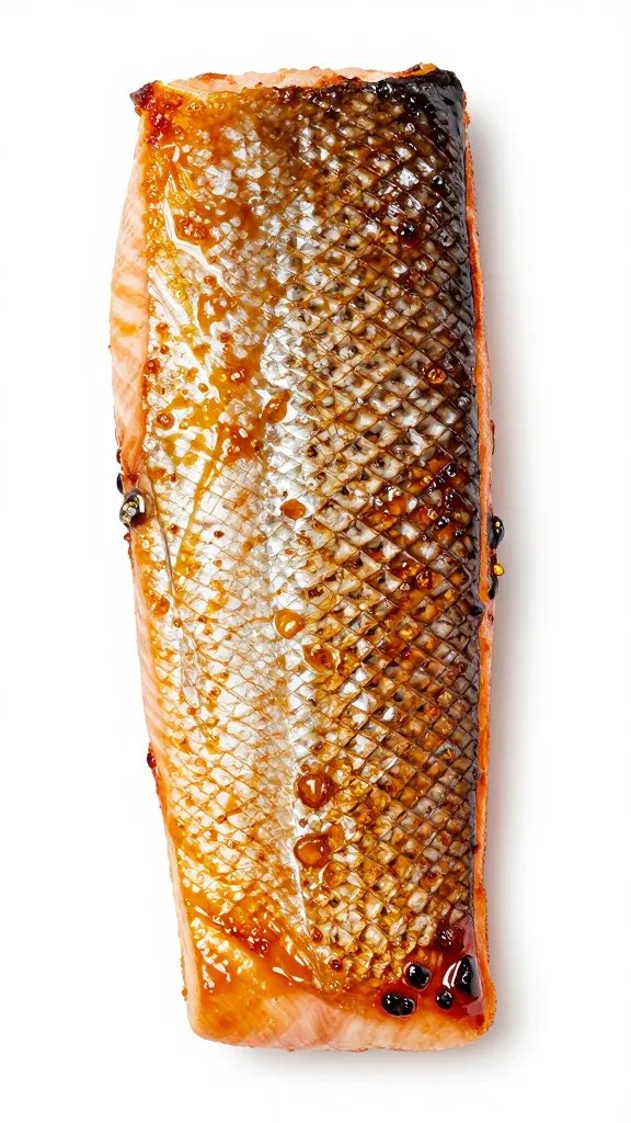 Crisp caramelized salmon belly skin under studio lighting