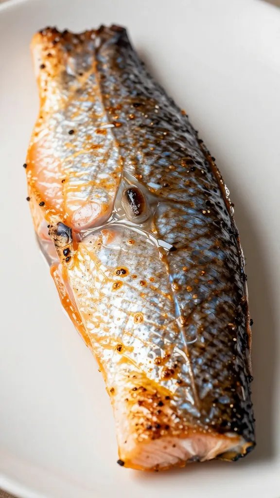 Reheated salmon belly slice glistening under soft light