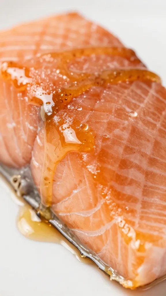 closeup of honey glaze on Hasselback salmon edge